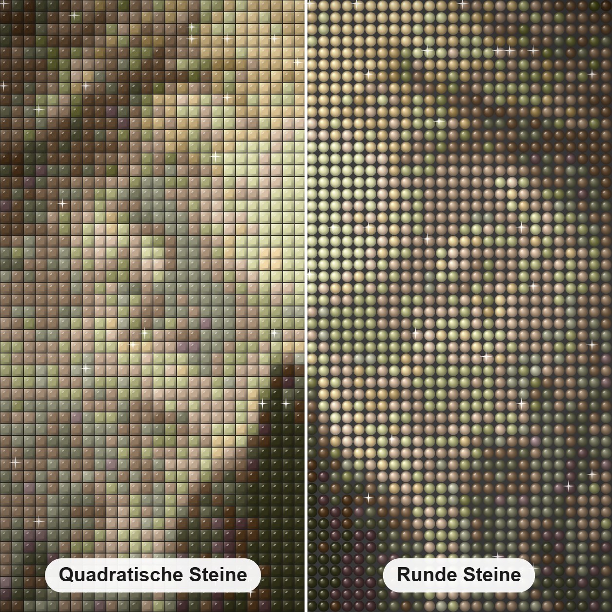 Geisterdorf – Diamant-Malset Diamond Painting Nahaufnahme mit quadratischen und runden Steinen