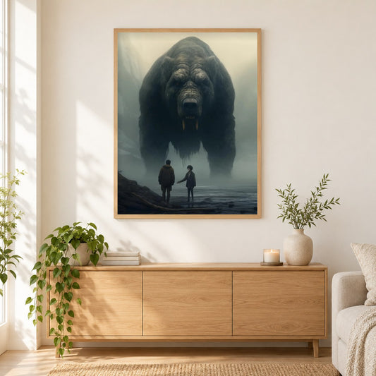 Riesenbärengemälde von Diamonds als gerahmtes Diamond Painting im Wohnzimmer