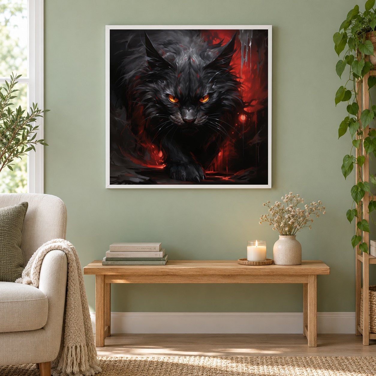 Riesenkatze mit gelben Augen als gerahmtes Diamond Painting im Wohnzimmer