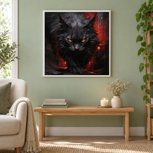 Riesenkatze mit gelben Augen als gerahmtes Diamond Painting im Wohnzimmer