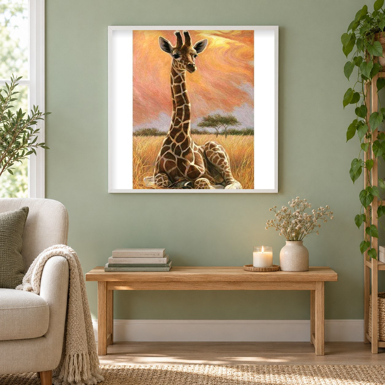 Giraffe Baby. als gerahmtes Diamond Painting im Wohnzimmer