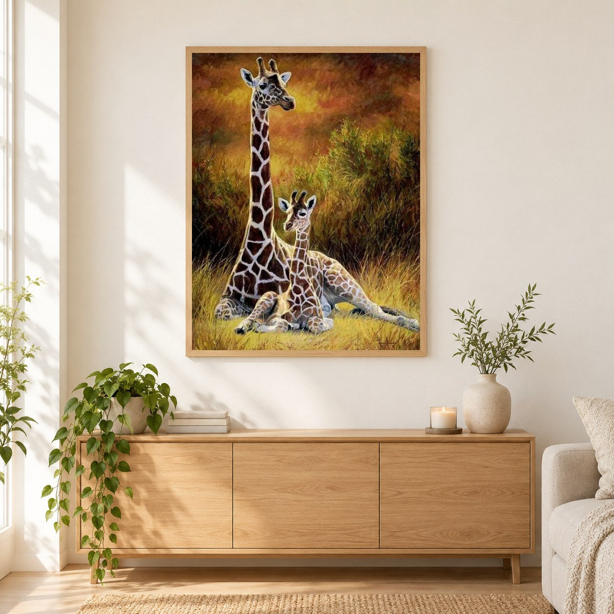 Giraffe Mutter & Baby als gerahmtes Diamond Painting im Wohnzimmer