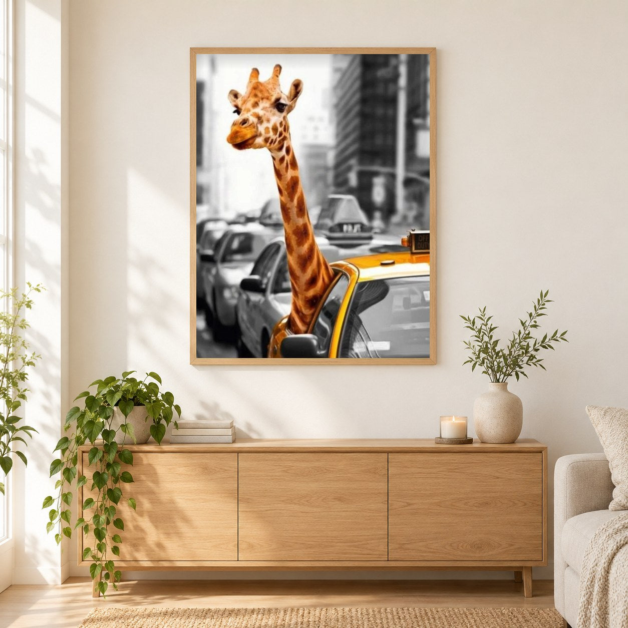 Giraffe Reisen im Taxi als gerahmtes Diamond Painting im Wohnzimmer