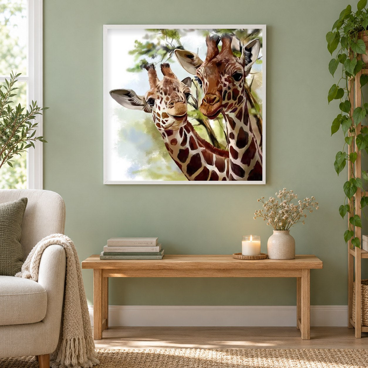 Giraffenpaar als gerahmtes Diamond Painting im Wohnzimmer