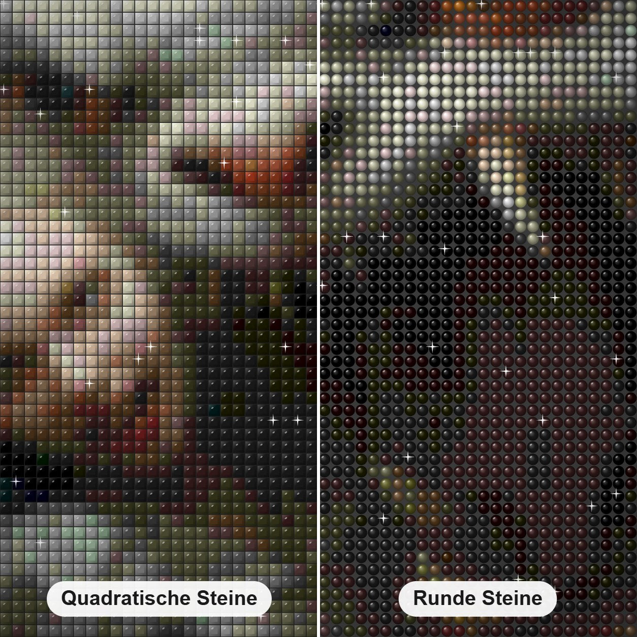 Mädchen mit Wolf - Gemälde nach Diamanten Diamond Painting Nahaufnahme mit quadratischen und runden Steinen