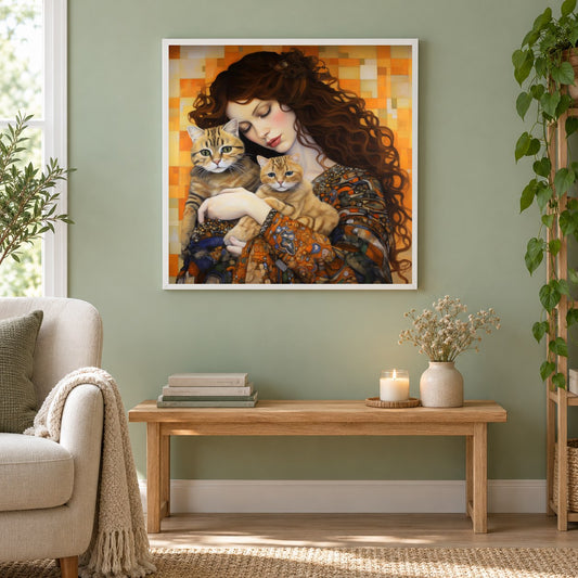 Girl's Cat Crew - Gemälde von Diamonds als gerahmtes Diamond Painting im Wohnzimmer