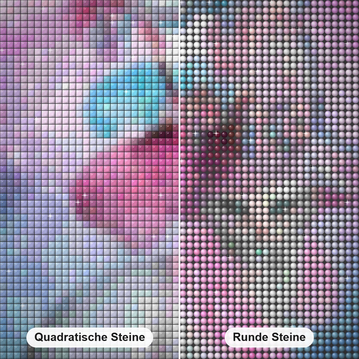Glamouröse Katze Diamond Painting Nahaufnahme mit quadratischen und runden Steinen
