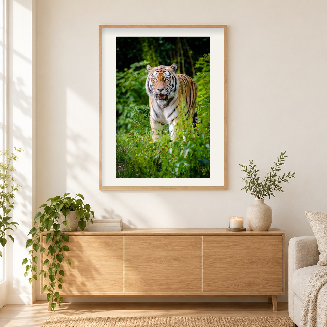 Glamouröser Tiger als gerahmtes Diamond Painting im Wohnzimmer