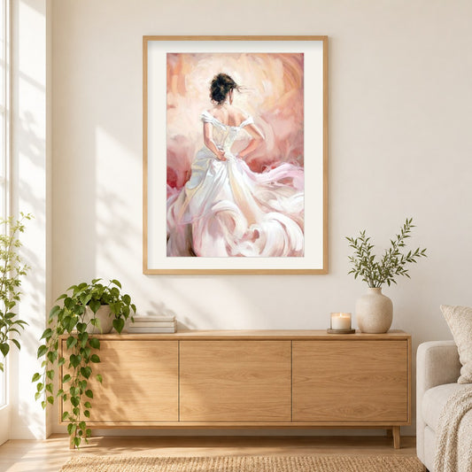 Glamouröses tanzendes Mädchen als gerahmtes Diamond Painting im Wohnzimmer
