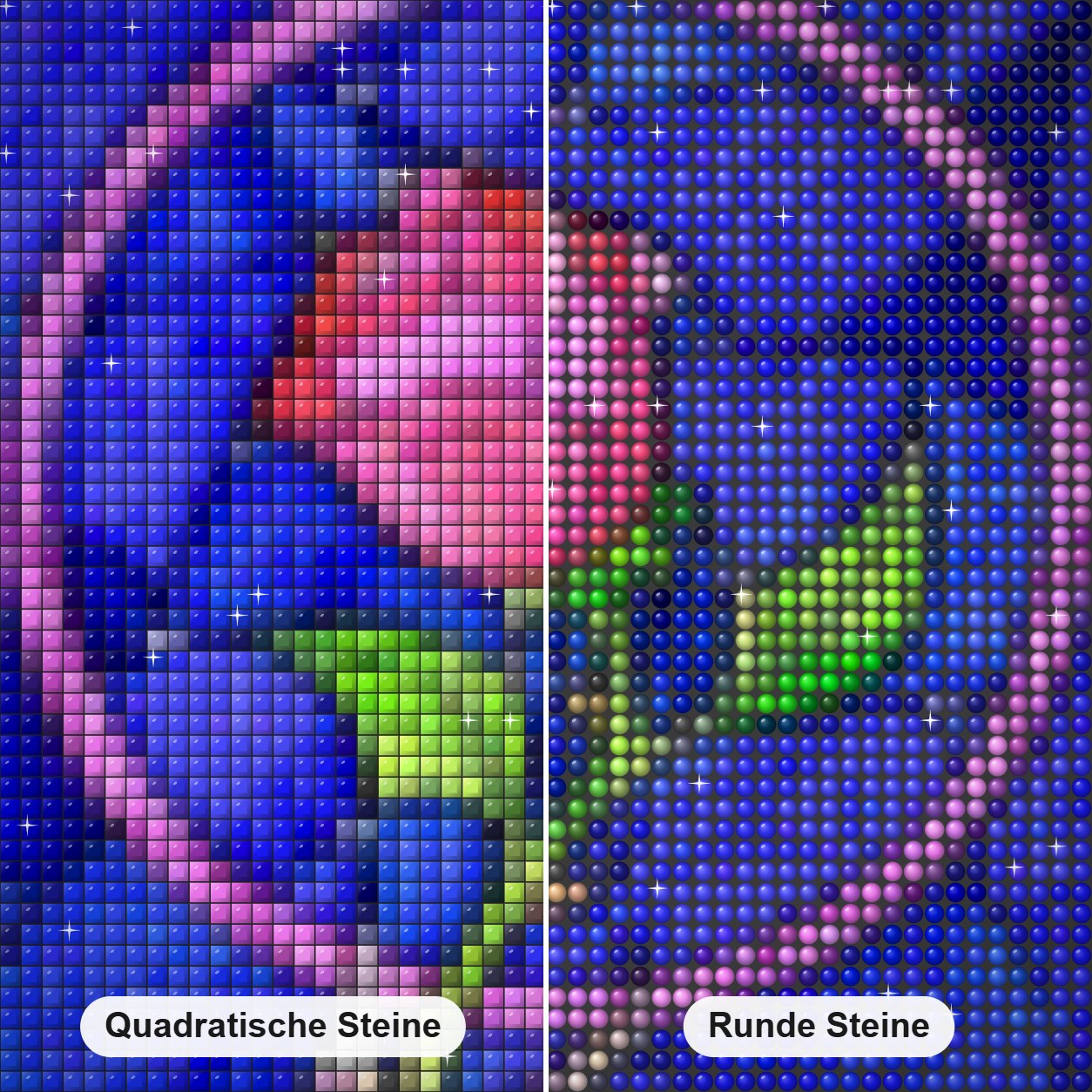 Glasmalerei Rose Art Diamond Painting Nahaufnahme mit quadratischen und runden Steinen