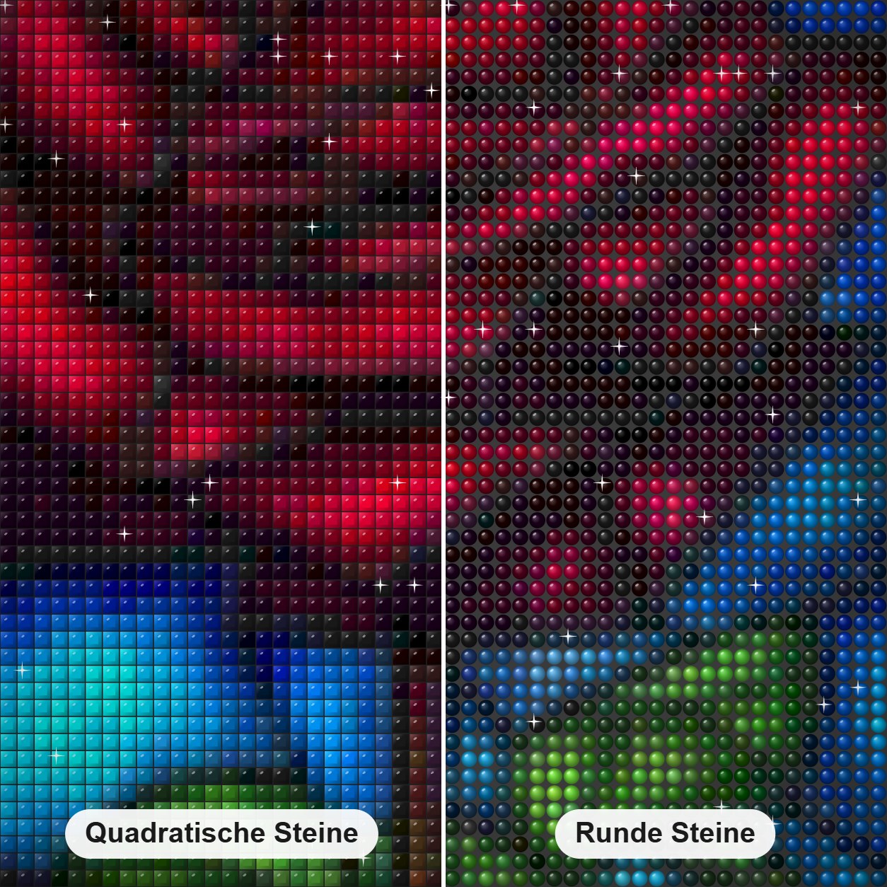 Glasmalerei Rose Diamond Painting Nahaufnahme mit quadratischen und runden Steinen