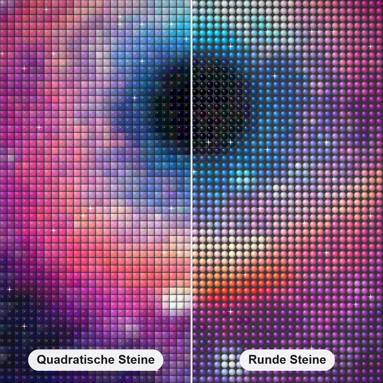 Glaube an das Universum Diamond Painting Nahaufnahme mit quadratischen und runden Steinen