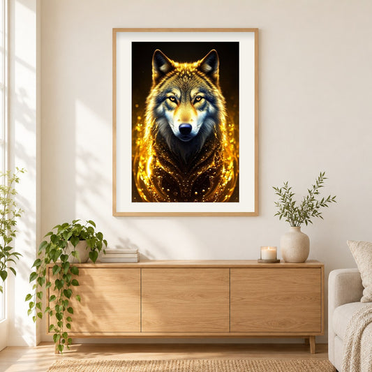 Glänzender Wolf als gerahmtes Diamond Painting im Wohnzimmer