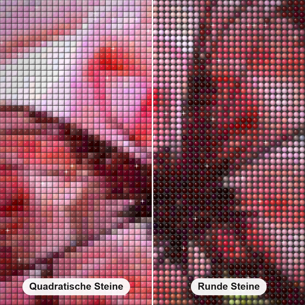 Glitzernder transparenter Schmetterling Diamond Painting Nahaufnahme mit quadratischen und runden Steinen