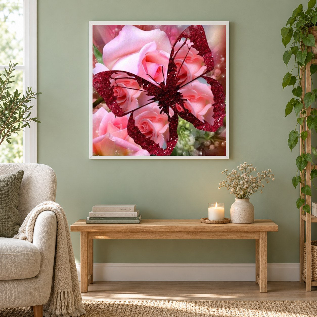 Glitzernder transparenter Schmetterling als gerahmtes Diamond Painting im Wohnzimmer