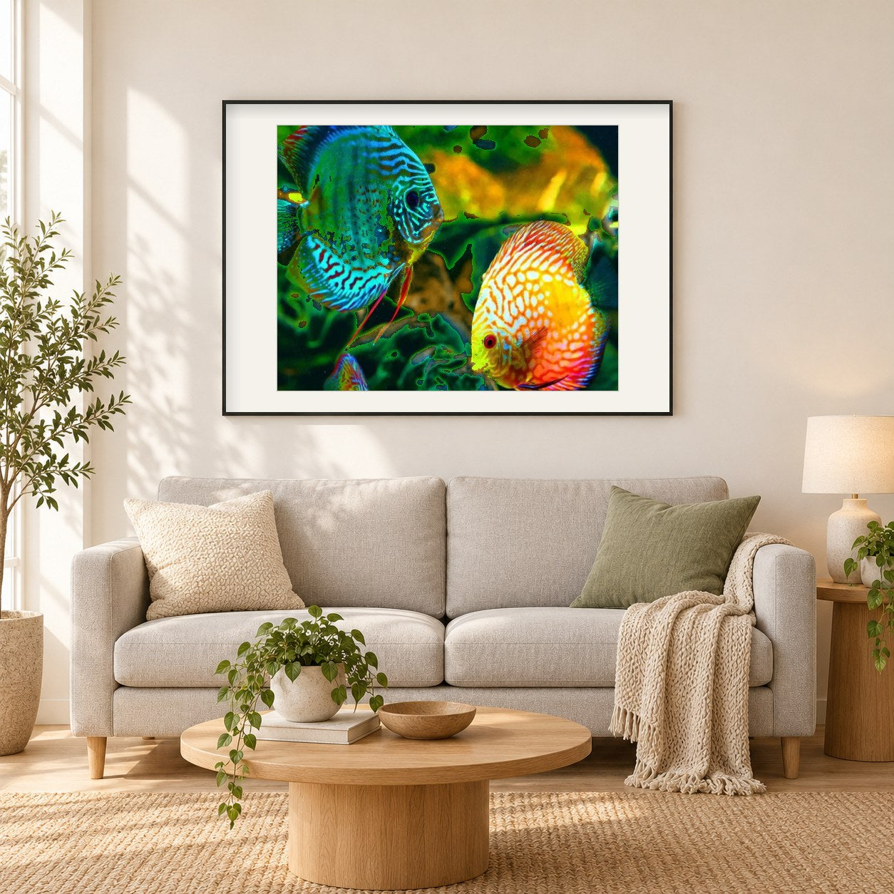 GloFish als gerahmtes Diamond Painting im Wohnzimmer