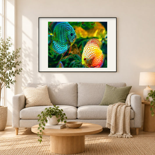 GloFish als gerahmtes Diamond Painting im Wohnzimmer