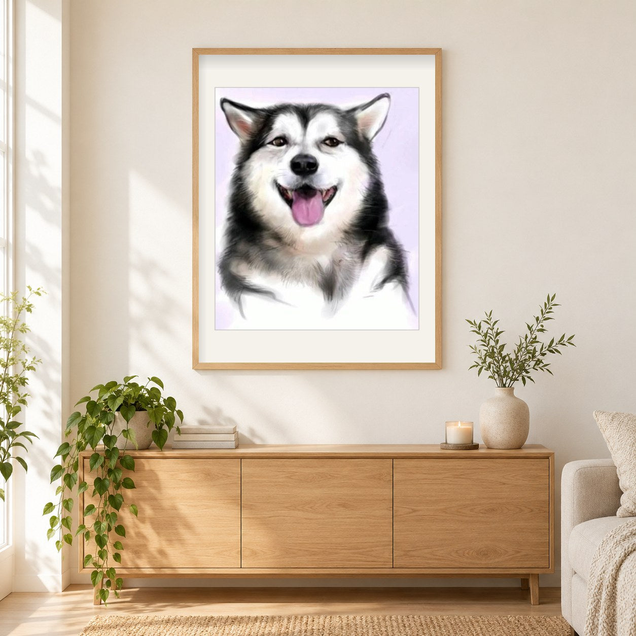 glücklich husky als gerahmtes Diamond Painting im Wohnzimmer
