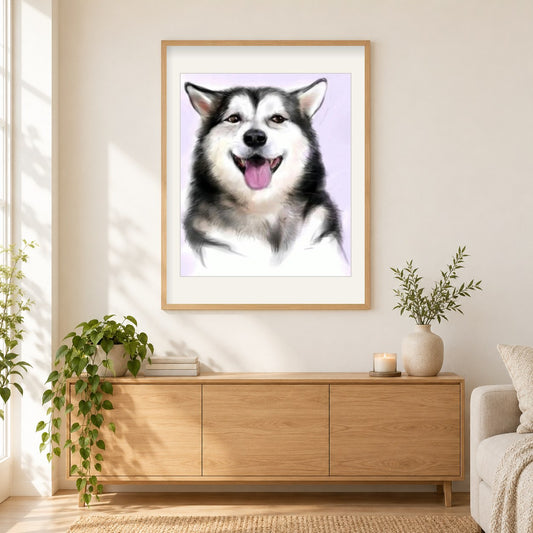 glücklich husky als gerahmtes Diamond Painting im Wohnzimmer