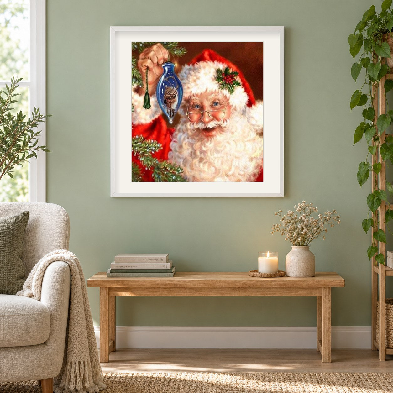 Fröhlicher Weihnachtsmann als gerahmtes Diamond Painting im Wohnzimmer