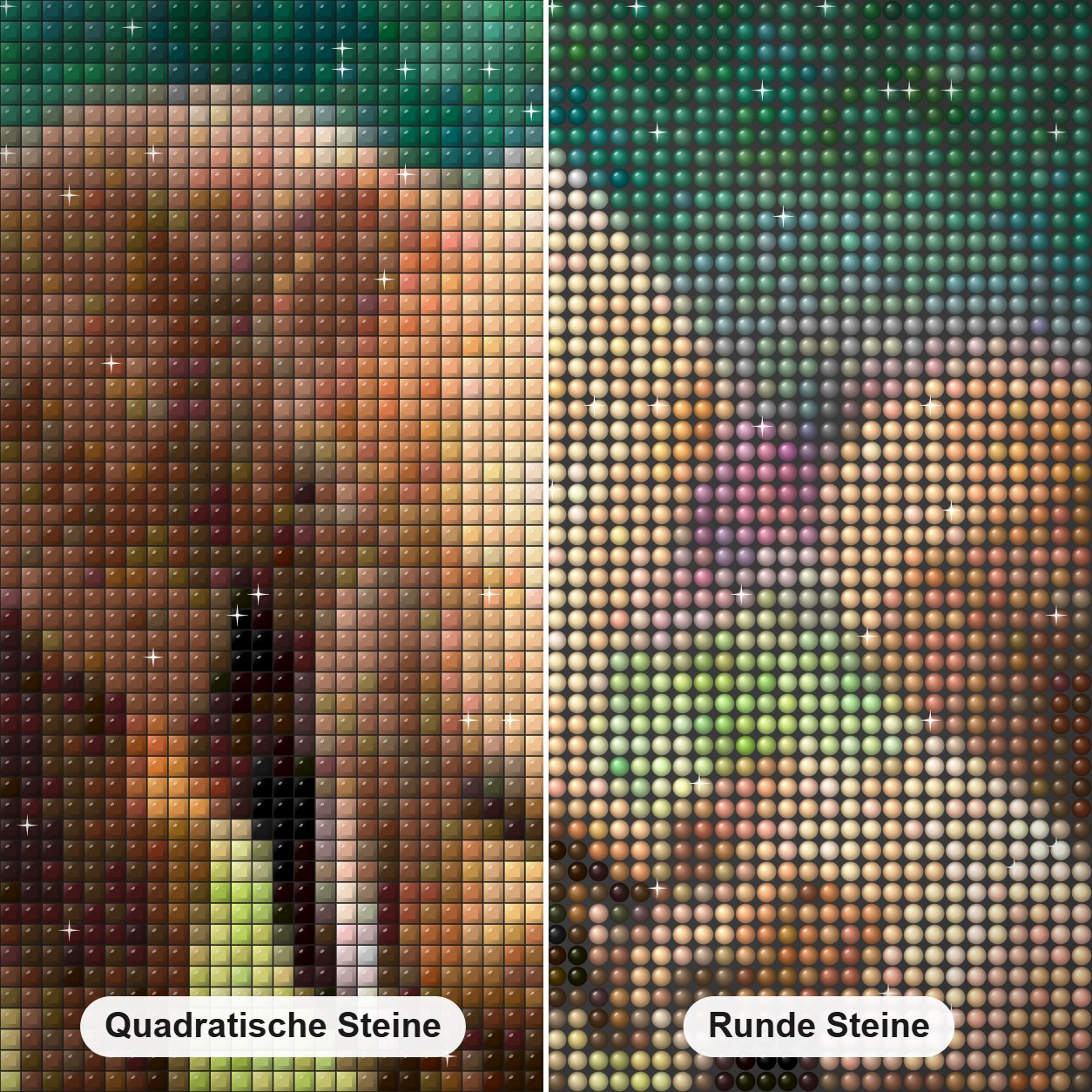 Glückliche Elefanten Diamond Painting Nahaufnahme mit quadratischen und runden Steinen