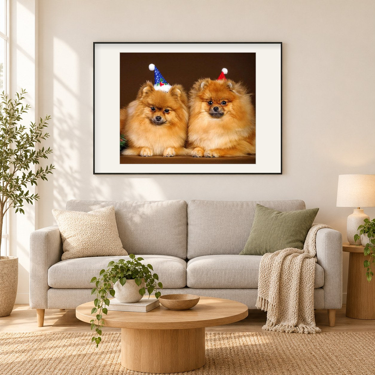 Glückliche Hunde an Weihnachten als gerahmtes Diamond Painting im Wohnzimmer