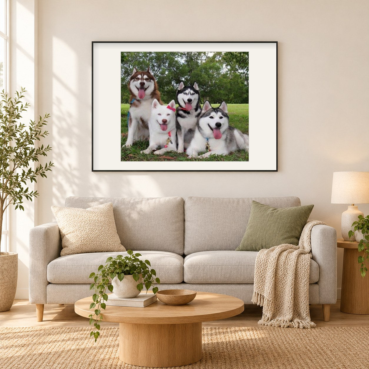 Glückliche Huskys mit Zungen heraus als gerahmtes Diamond Painting im Wohnzimmer