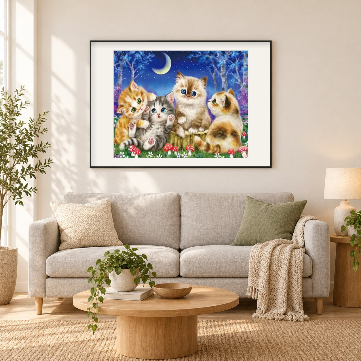 Glückliche KatzenDiamond Painting als gerahmtes Diamond Painting im Wohnzimmer