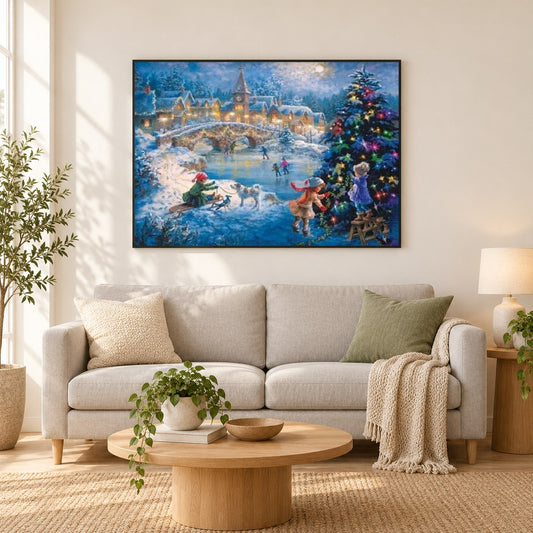 Glückliche Kinder in der Weihnachtsnacht als gerahmtes Diamond Painting im Wohnzimmer