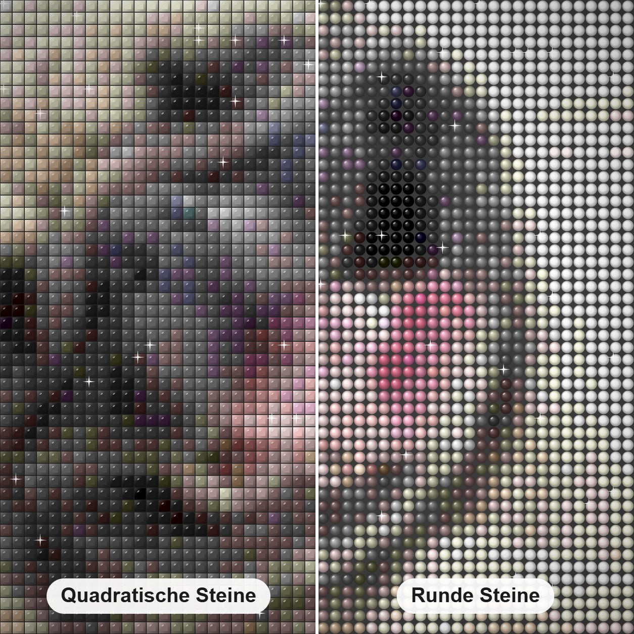 Glücklicher Hund Diamond Painting Nahaufnahme mit quadratischen und runden Steinen