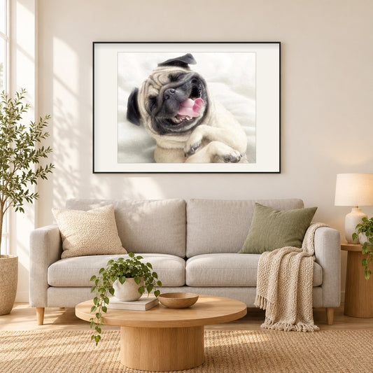 Glücklicher Hund als gerahmtes Diamond Painting im Wohnzimmer