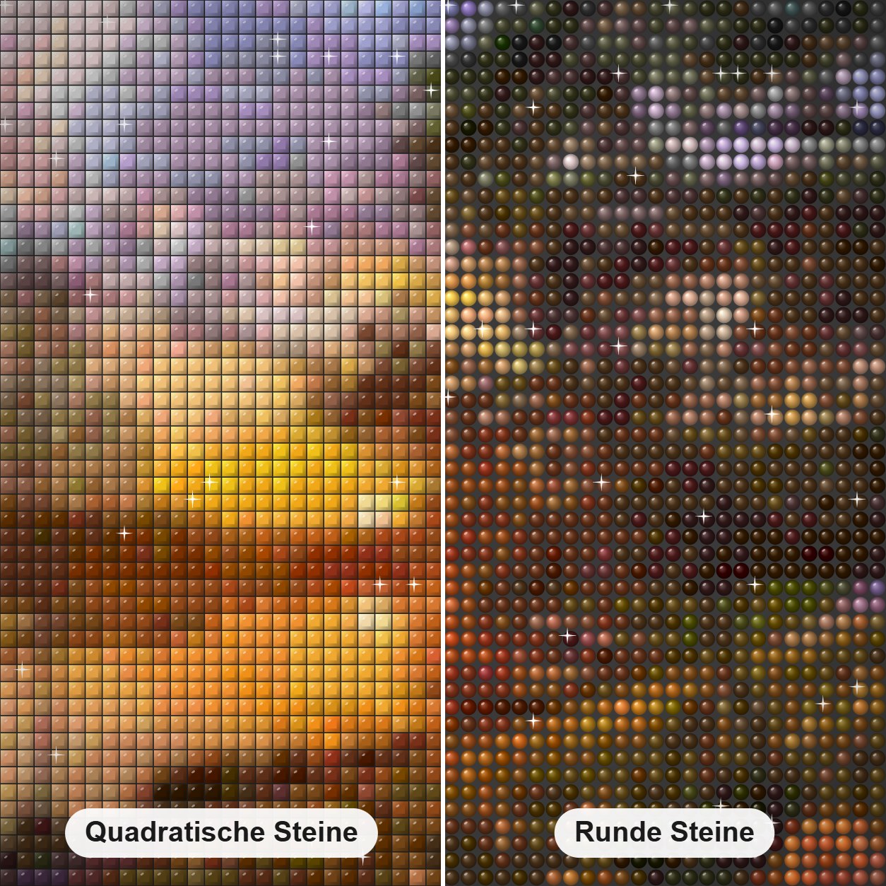 Glücklicher Morgen Diamond Painting Nahaufnahme mit quadratischen und runden Steinen