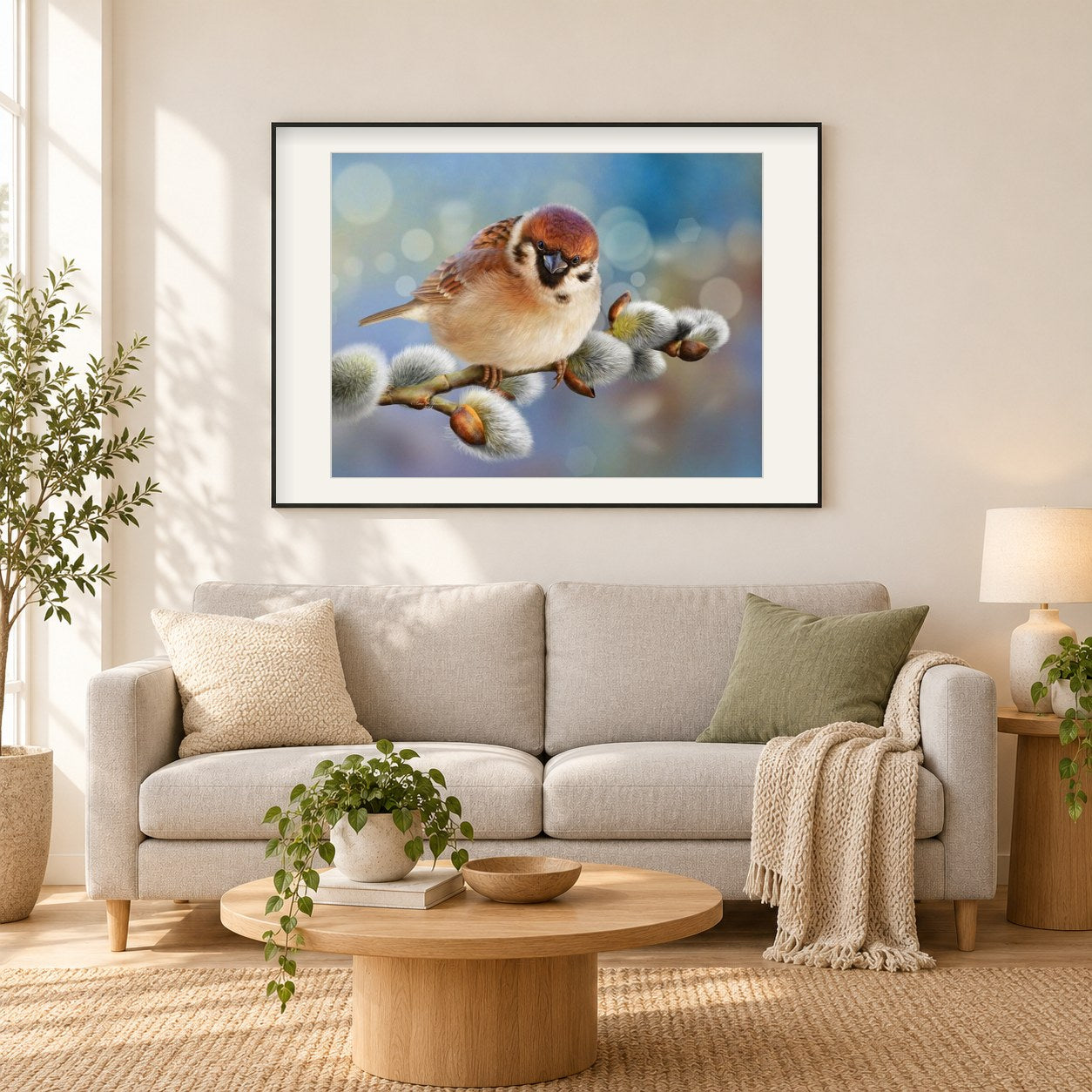 Glücklicher Spatz als gerahmtes Diamond Painting im Wohnzimmer