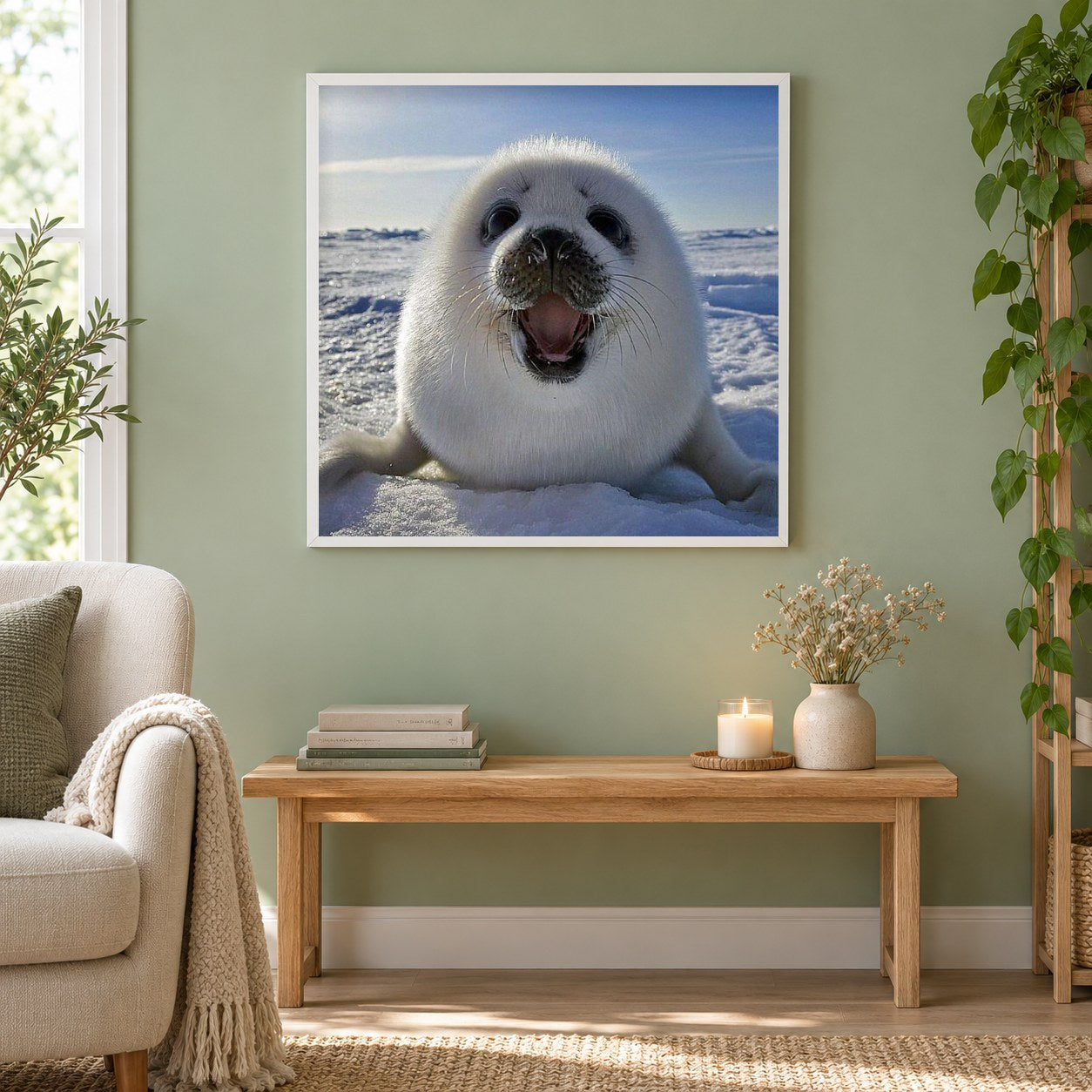 Glücklicher weißer Robbenfisch als gerahmtes Diamond Painting im Wohnzimmer
