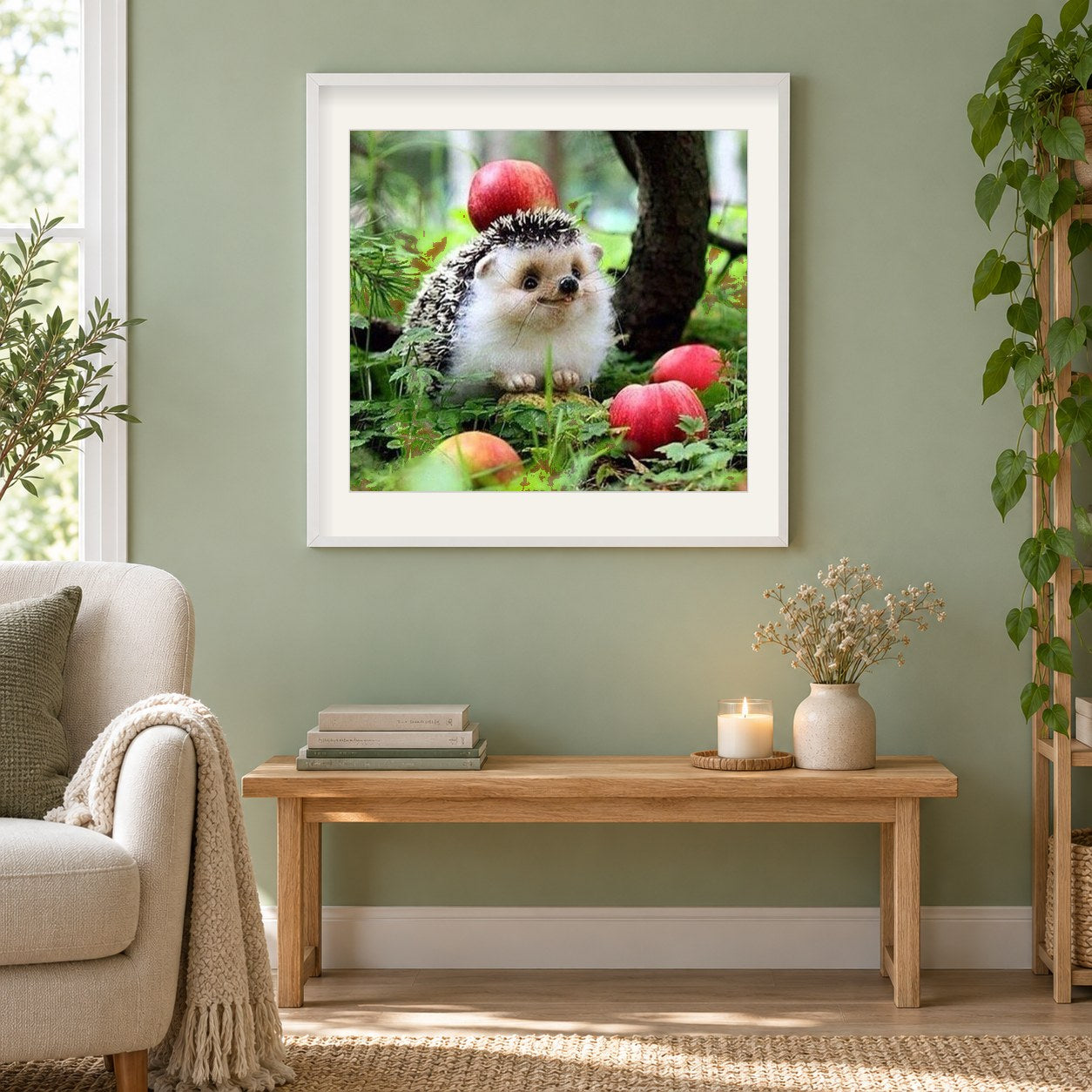 Glückliches Igel-Mal-Kit als gerahmtes Diamond Painting im Wohnzimmer