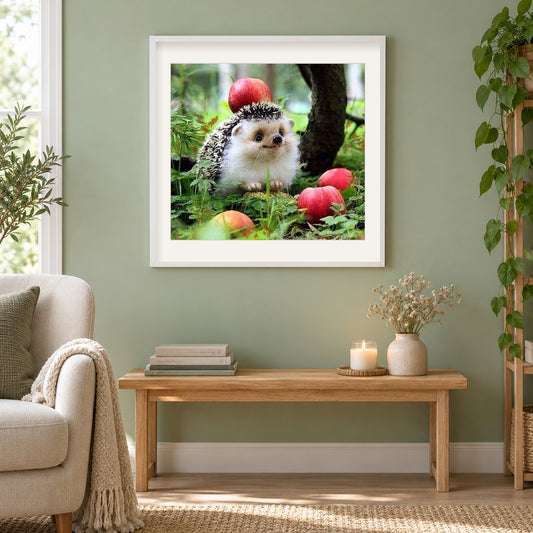 Glückliches Igel-Mal-Kit als gerahmtes Diamond Painting im Wohnzimmer