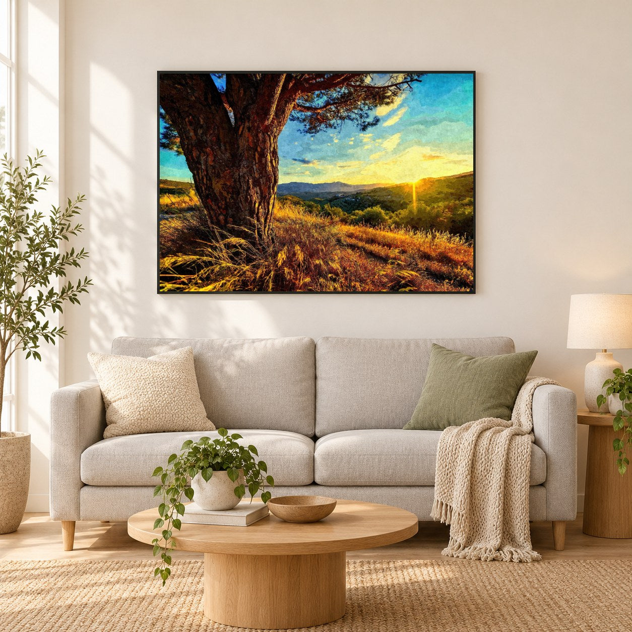 Knorriger Baum bei Sonnenuntergang - Kunst des Denise Dundon als gerahmtes Diamond Painting im Wohnzimmer