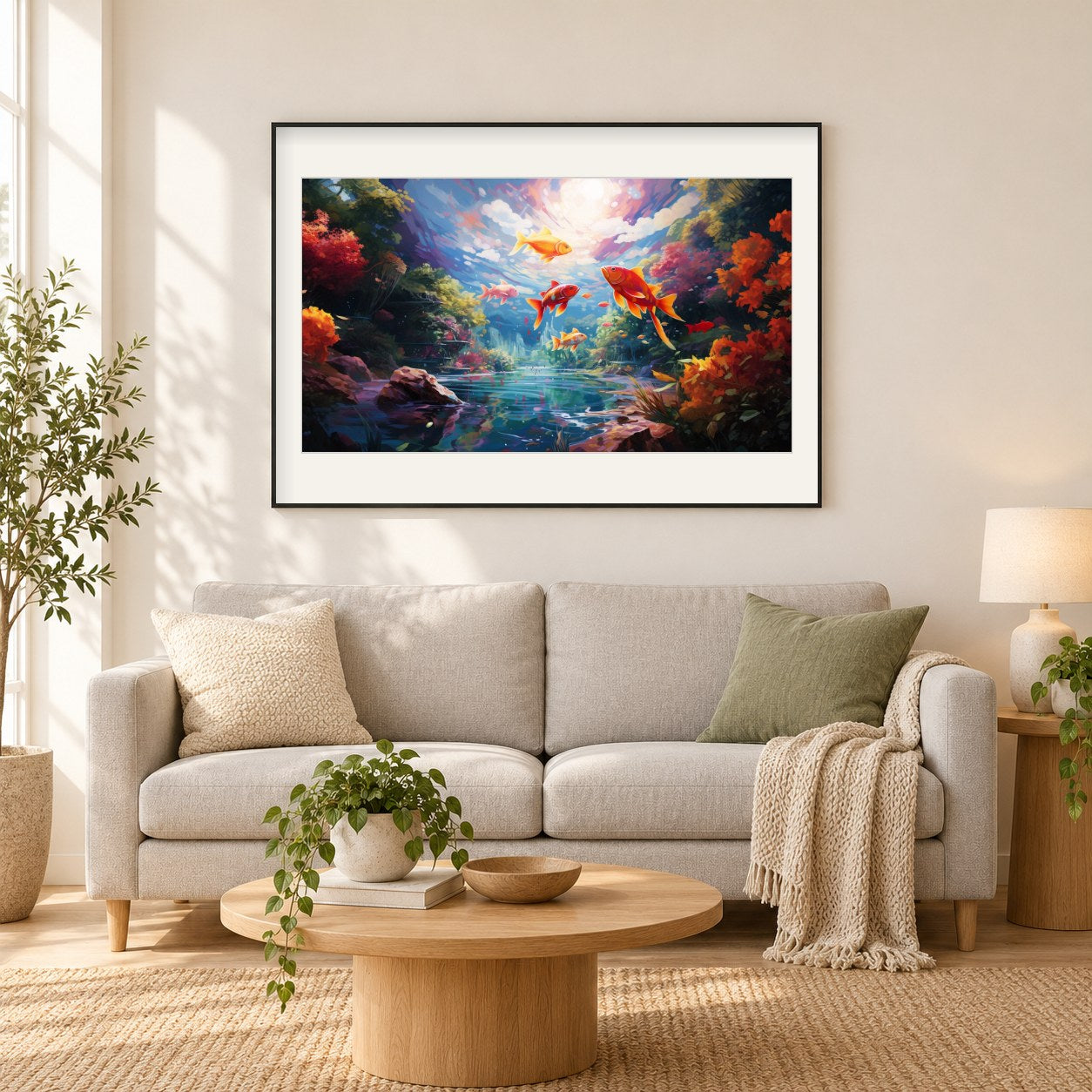 Goldfische schwimmen herum als gerahmtes Diamond Painting im Wohnzimmer