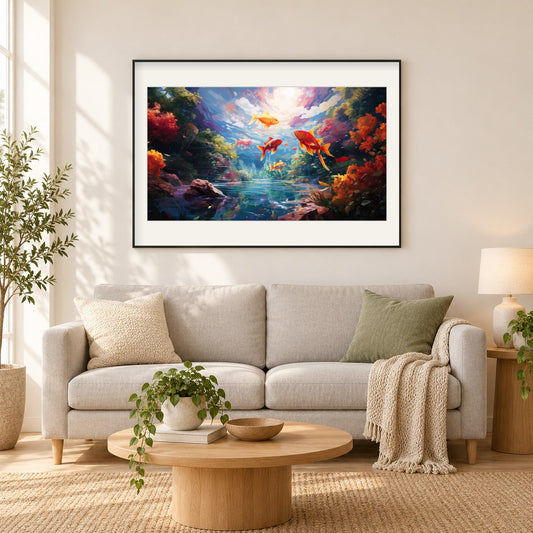 Goldfische schwimmen herum als gerahmtes Diamond Painting im Wohnzimmer