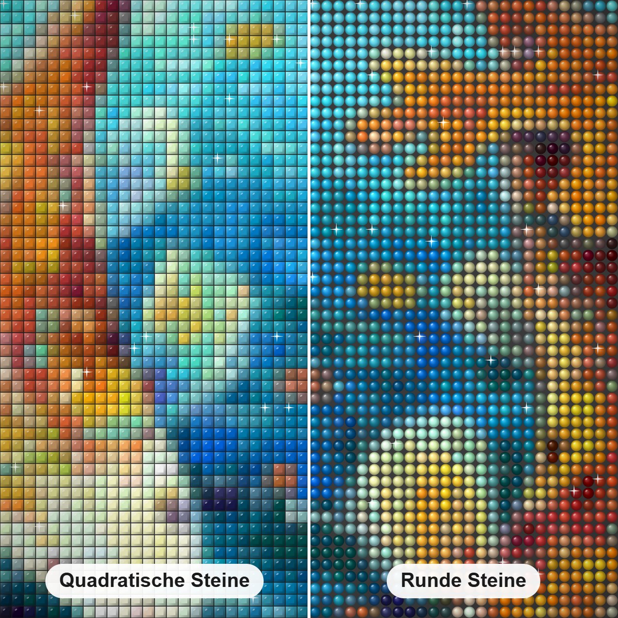 Goldener Koi des Glücks - Kunst des Sandra Trubin Diamond Painting Nahaufnahme mit quadratischen und runden Steinen
