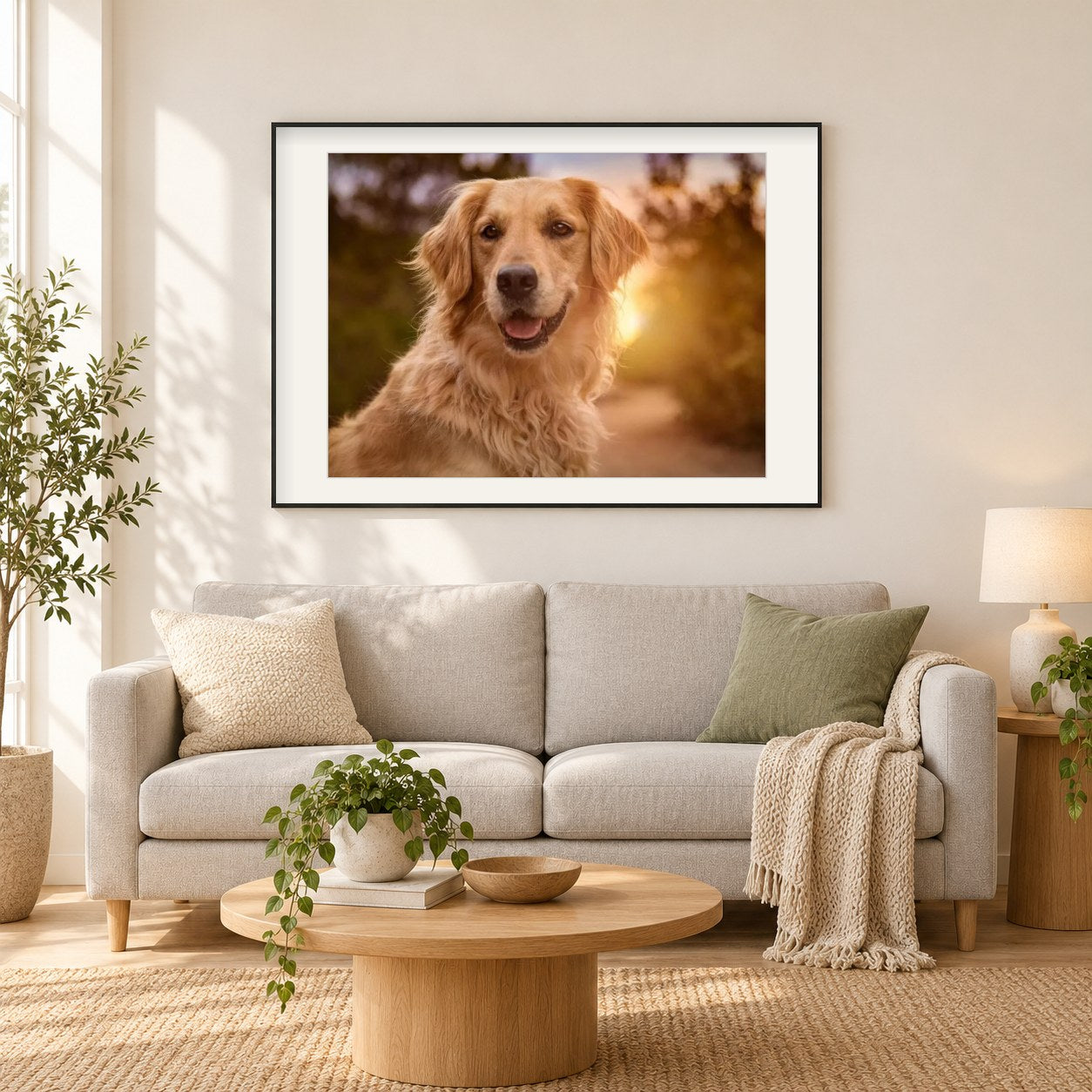 Golden Retriever Nahaufnahme als gerahmtes Diamond Painting im Wohnzimmer