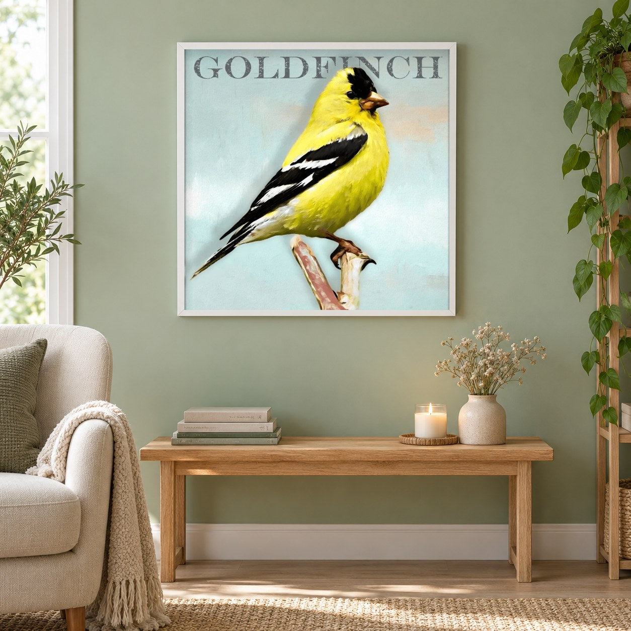Stieglitz - Kunst des Denise Dundon als gerahmtes Diamond Painting im Wohnzimmer