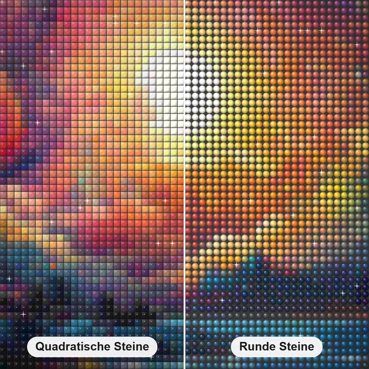 Guten Morgen Gemälde mit Diamanten Diamond Painting Nahaufnahme mit quadratischen und runden Steinen