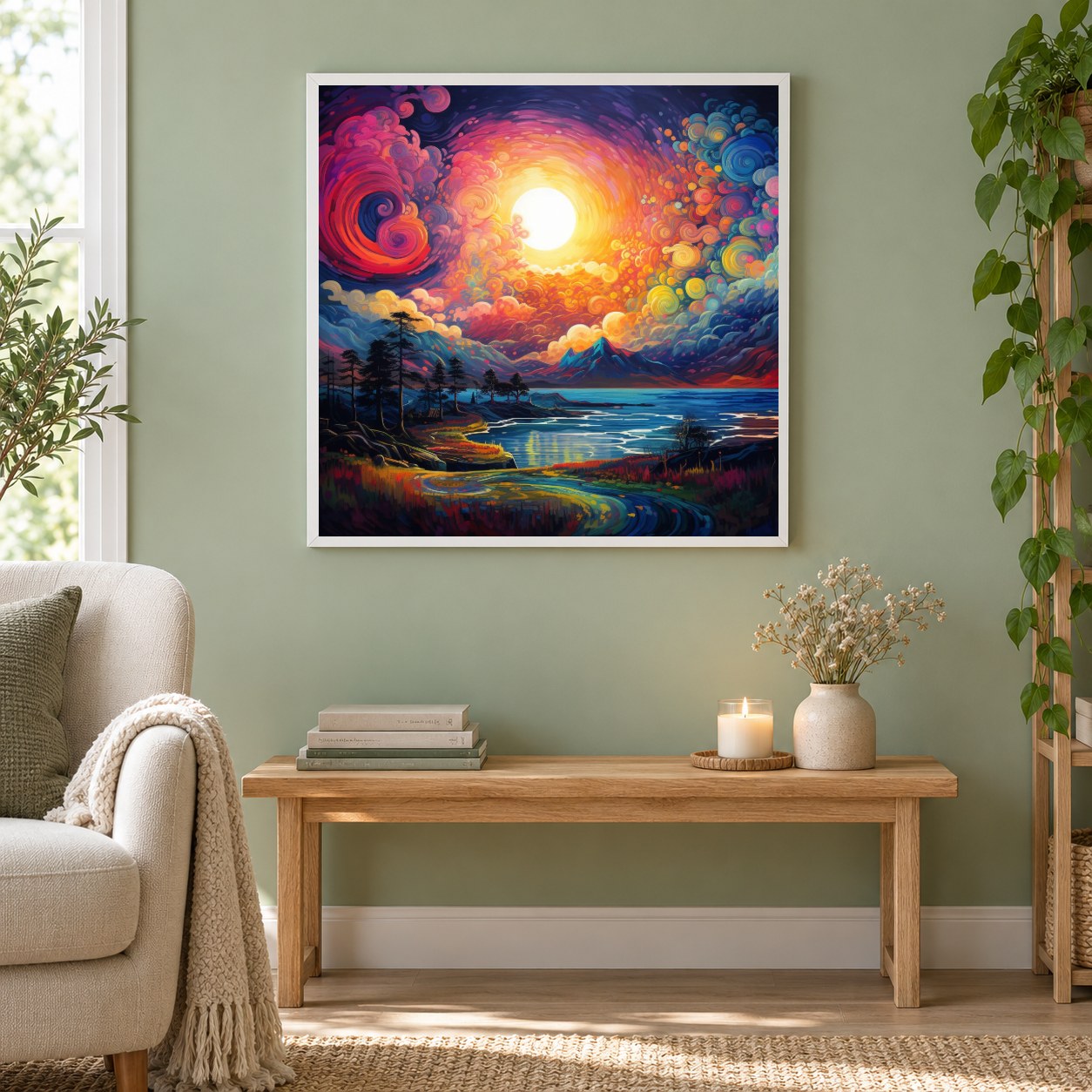 Guten Morgen Gemälde mit Diamanten als gerahmtes Diamond Painting im Wohnzimmer