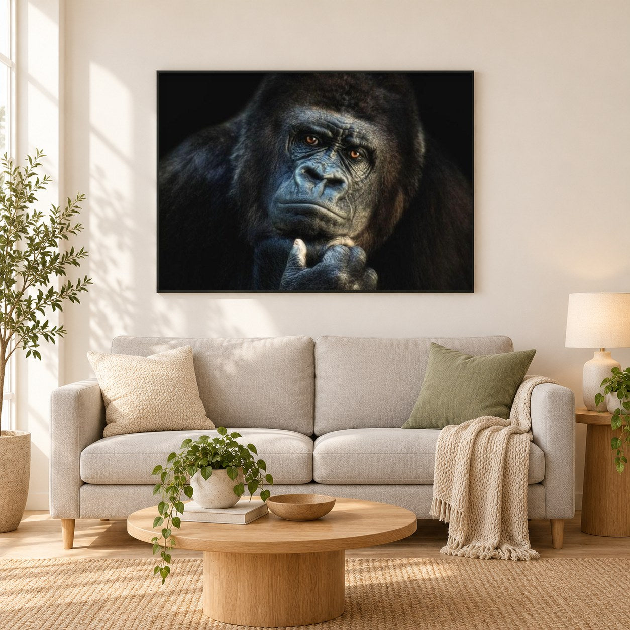 Gorilla als gerahmtes Diamond Painting im Wohnzimmer