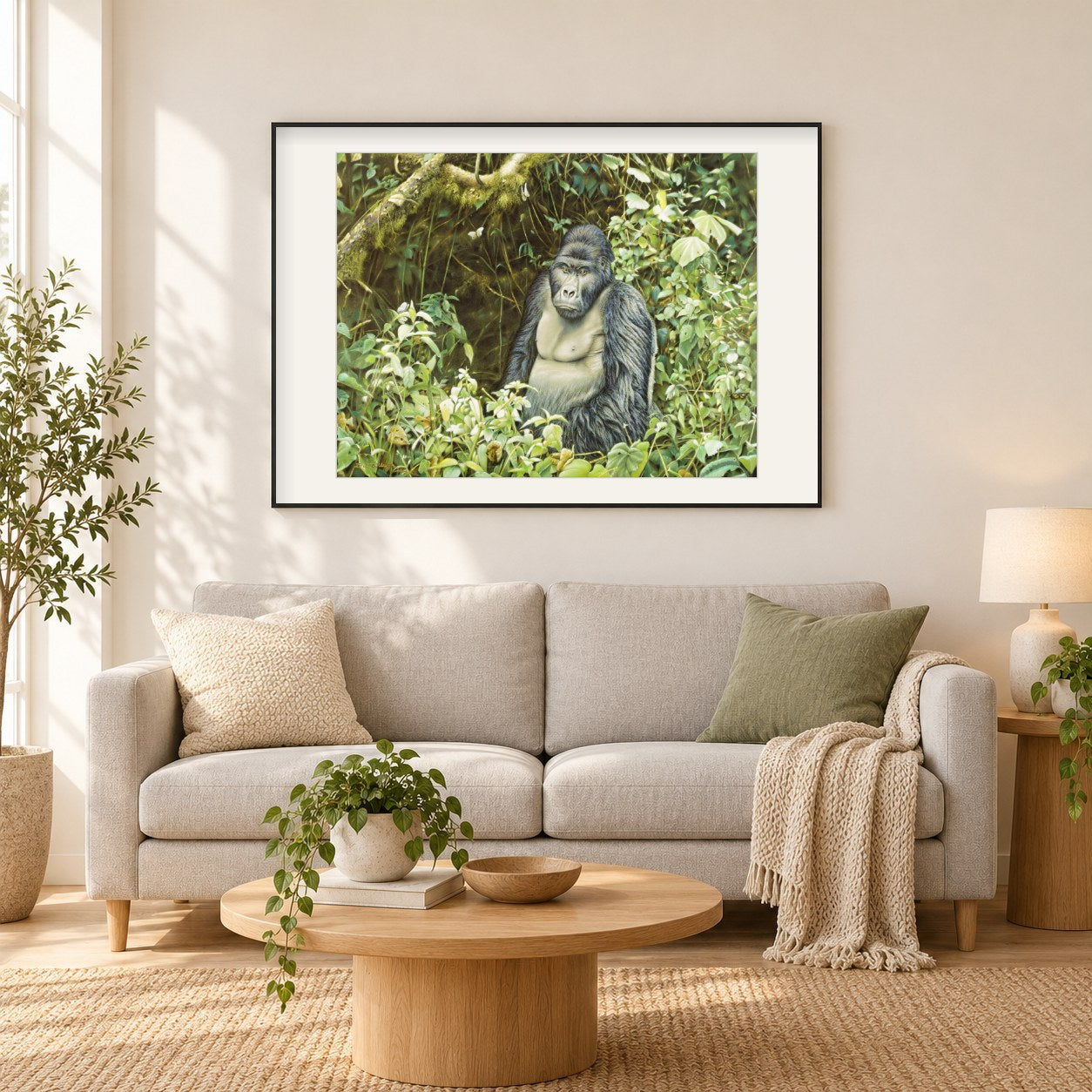 Gorilla Khazui Biega -  Kunst des Eric Wilson als gerahmtes Diamond Painting im Wohnzimmer