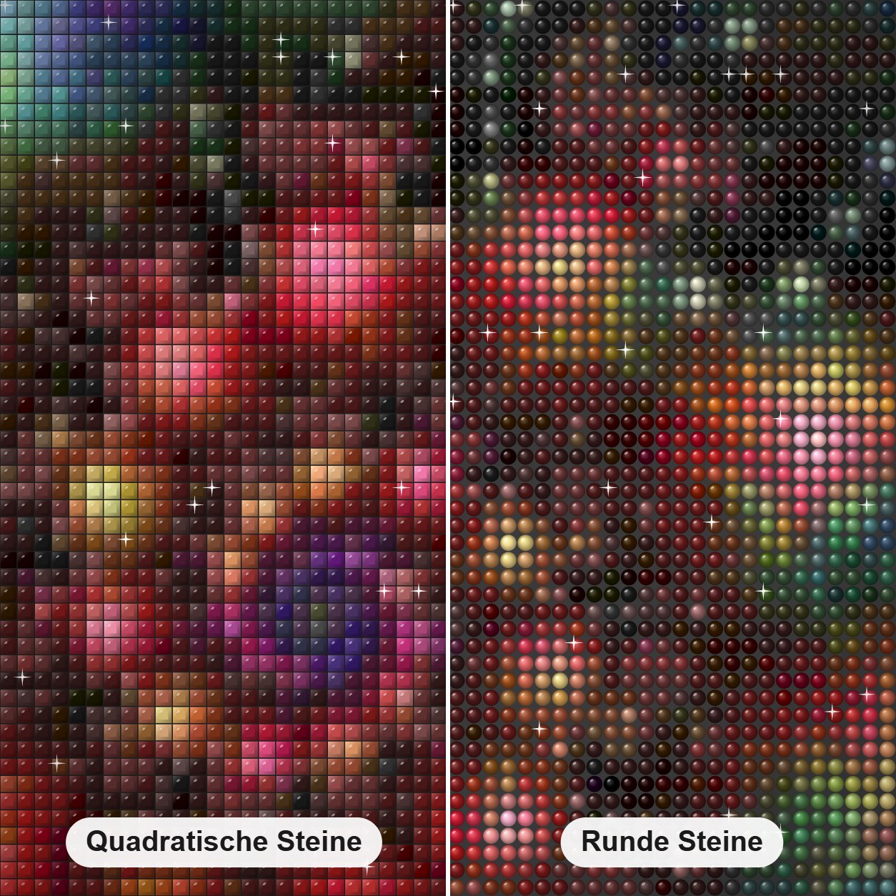 Göttlicher Funke Diamond Painting Nahaufnahme mit quadratischen und runden Steinen