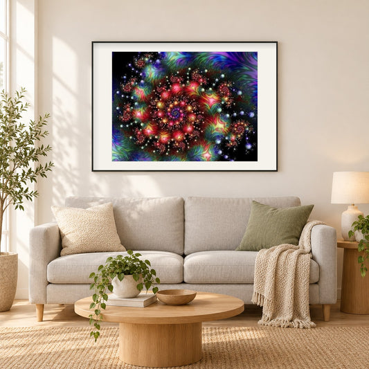 Göttlicher Funke als gerahmtes Diamond Painting im Wohnzimmer