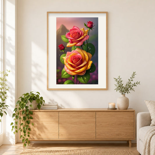 Anmut der Farbverlaufsrosen als gerahmtes Diamond Painting im Wohnzimmer
