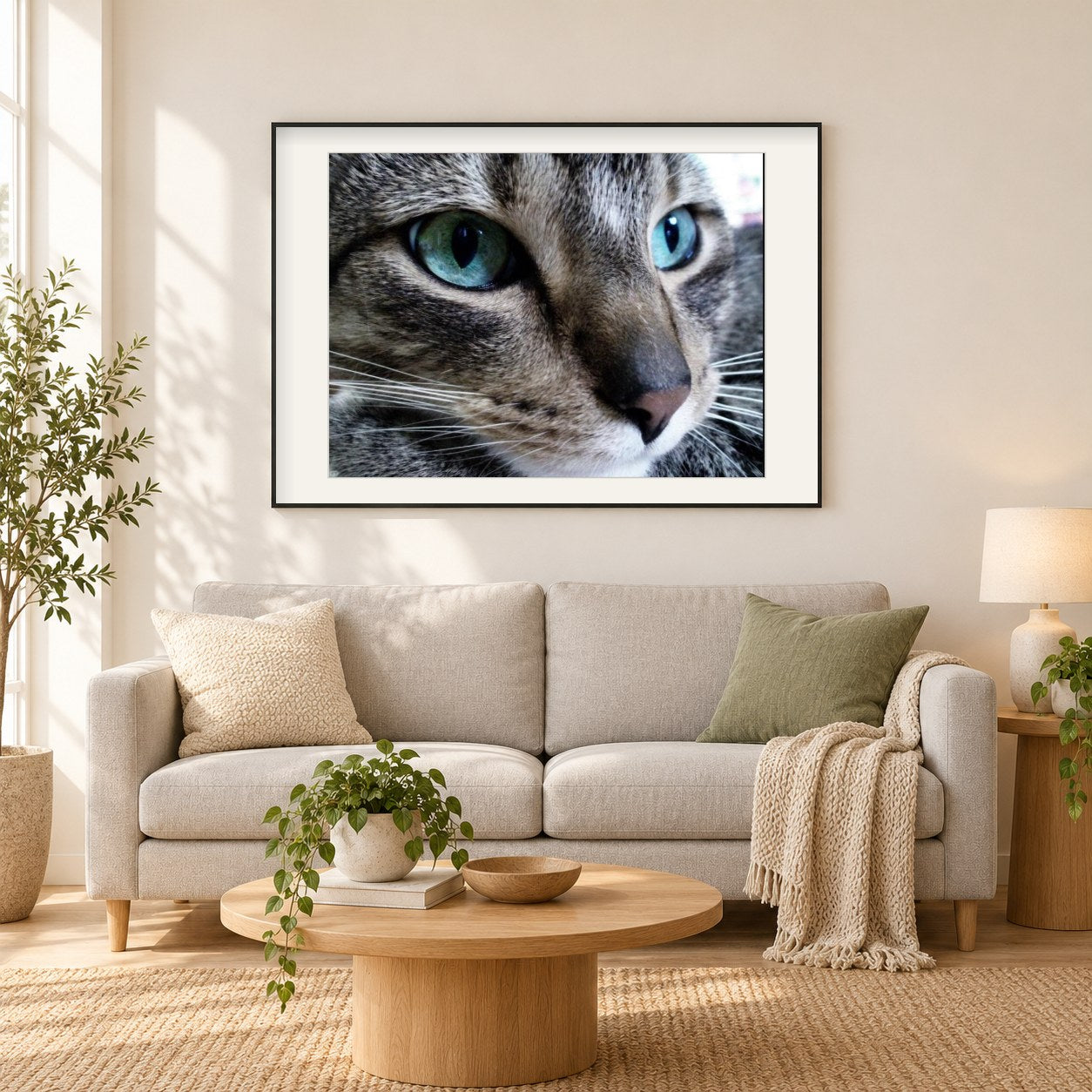 Graue Katze mit blauen Augen als gerahmtes Diamond Painting im Wohnzimmer